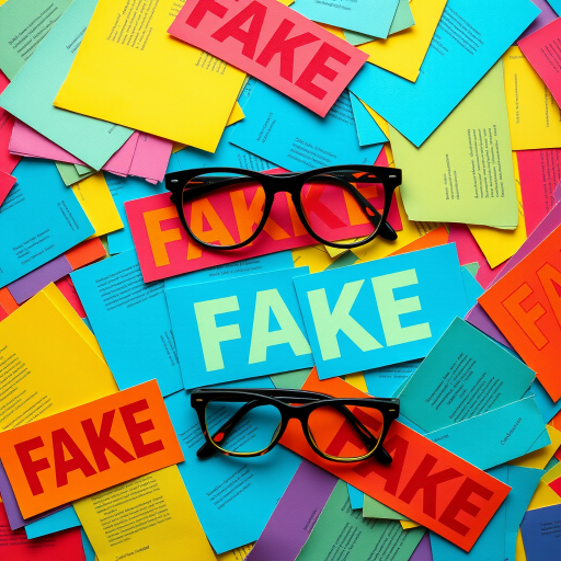 Create a vibrant abstract composition featuring a chaotic arrangement of colorful "FAKE" documents and stylized glasses, captured with a Canon EOS R5, 24mm lens, f/8 aperture, ISO 100, at a top-down view to create depth and clarity.