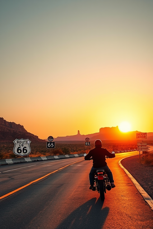 Capture a scenic sunset view along Route 66 with a motorcyclist riding towards the horizon, emphasizing red rock formations and vintage signs, use a DSLR camera with a 35mm lens, aperture f/8, ISO 100, and a golden hour lighting style for enhanced warmth and clarity.