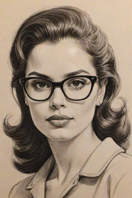 Wonderful Zuleikha Robinson, pencil sketch, portrait of Ravishing woman 1956s in glasses, hair style beatnik, outline, clear lines, fine lines, 8k