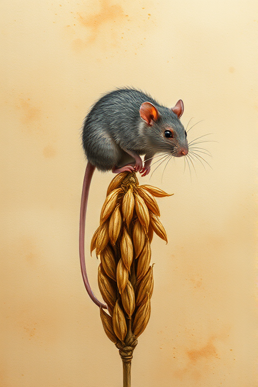 Soft, muted Alcohol Ink with ebru effect background image of tiny whimsical rat, who climbed high on the top of a golden rye ear.