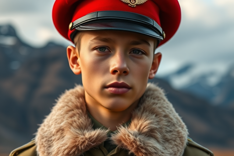 Create a high-resolution portrait of a young soldier wearing a red military cap, dressed in a fur-lined uniform, standing in a dramatic landscape with mountains in the background, using a Canon EOS R5 with a 50mm f/1.2 lens, at ISO 100, aperture f/2.8, and 1/200s shutter speed for sharp focus and vibrant colors.