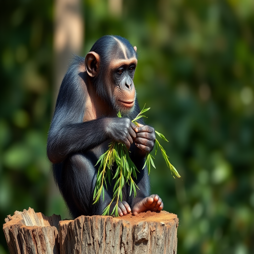 A chimpanzee sitting on a tree stump holding a piece of greenery, captured in natural daylight with a shallow depth of field, using a Canon EOS 5D Mark IV, 85mm lens, f/1.8 aperture, ISO 100, fast shutter speed for clear details.