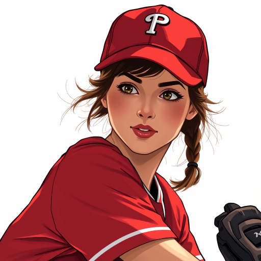 generate a high-resolution illustration of a female baseball player in a vintage style, wearing a red uniform and cap, in a dynamic pitching pose, captured with a Canon EOS R5, 85mm lens, f/1.8 aperture, natural lighting, with a focus on vibrant colors and sharp details.