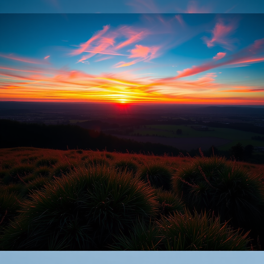 A high-resolution image of a serene landscape at sunrise with vibrant colors, captured using a DSLR camera with a 50mm lens, aperture set to f/2.8, shutter speed of 1/250 sec, ISO 100, in landscape orientation for enhanced depth and clarity.