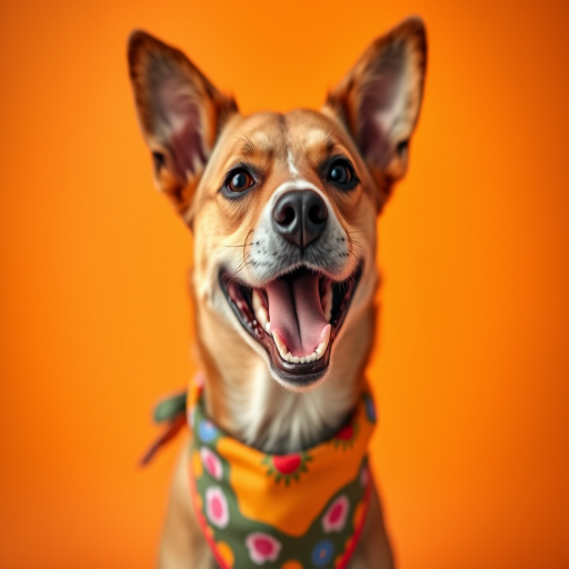 portrait of a happy dog with a colorful bandana against an orange background, shallow depth of field, ISO 100, f/2.8, 1/200s, 50mm lens, soft natural lighting, DSLR camera