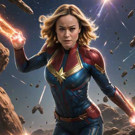 Powerful image of Brie Larson, Captain Marvel's cosmic hero, with her determined expression and glowing fists, soaring through a star-filled galaxy, leaving a trail of energy in her wake as she battles alien spaceships