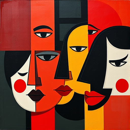 Regenerate an abstract art piece featuring a collage of bold faces with simple geometric shapes and expressive features, use vibrant colors like red, black, and yellow, camera settings: ISO 100, aperture f/8, shutter speed 1/125, camera view: eye level, camera style: digital painting emulation, camera type: mirrorless.