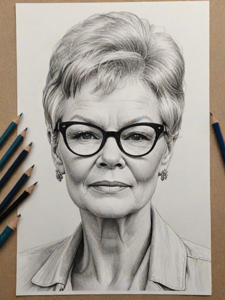 Alluring Judy Dench, pencil sketch, portrait of Sublime woman 1976s in glasses, hair style beatnik, outline, clear lines, fine lines, 8k