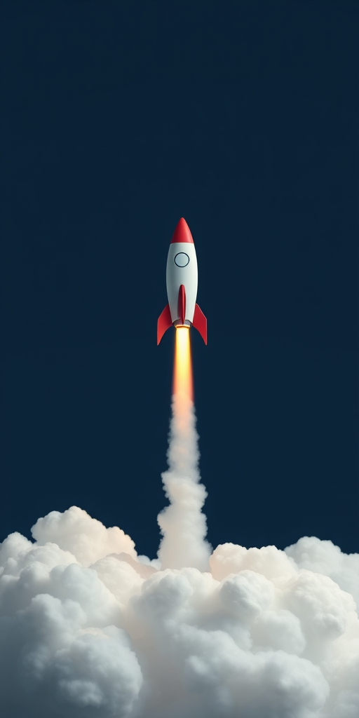 Generate a minimalist illustration of a rocket launching from a cloud with a dark blue background, using a Canon EOS 5D Mark IV, 24mm lens, f/8 aperture, ISO 100, 1/250 sec shutter speed, shot from a low angle with a wide view to enhance depth and detail.