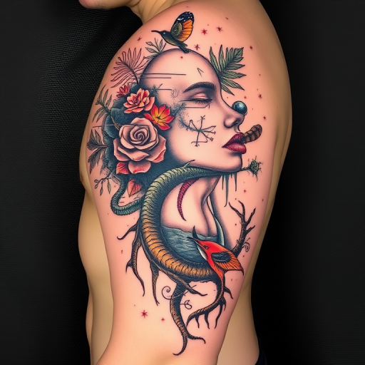 Surrealist tattoo called "Dreamscape Fusion" blending elements of nature and human anatomy in unexpected ways, creating a thought-provoking and visually striking piece, celebrated for its imaginative concepts