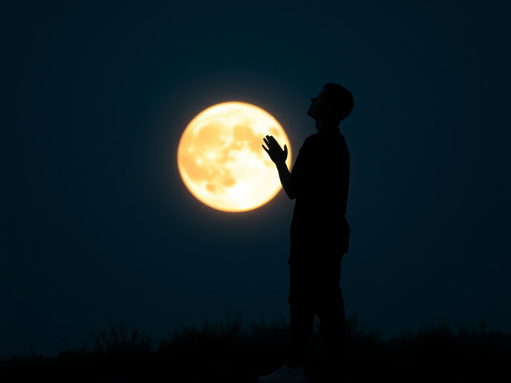 Create an ethereal silhouette of a person praying in front of a large glowing moon, captured with a Canon EOS R5 using a 50mm lens, aperture set to f/1.8, ISO 100, at twilight, with a soft focus and high contrast for dramatic effect.