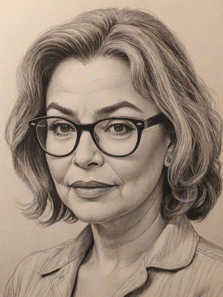 Exquisite Roseanne Barr, pencil sketch, portrait of Stunning woman 1952s in glasses, hair style beatnik, outline, clear lines, fine lines, 8k