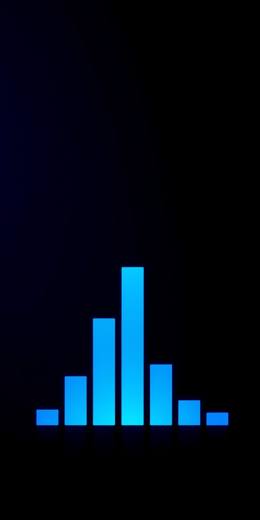 generate a vector-style image of a blue ascending bar graph on a dark background, use a Canon EOS R5, ISO 100, f/8, 1/125s, with a low-angle view and minimalist design to enhance clarity and contrast