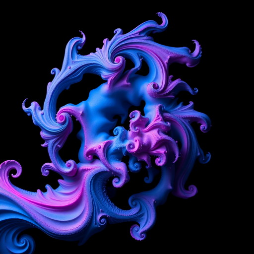 Create a vibrant fractal design with swirling shapes in shades of blue and pink against a black background, using a Canon EOS R5 with a 50mm f/1.2 lens at ISO 100, f/8, and a shutter speed of 1/200 sec, in a macro style with a focus on intricate details and sharp contrast.