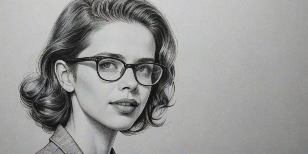 Pleasing Kalki Koechlin, pencil sketch, portrait of Ravishing woman 1938s in glasses, hair style beatnik, outline, clear lines, fine lines, 8k