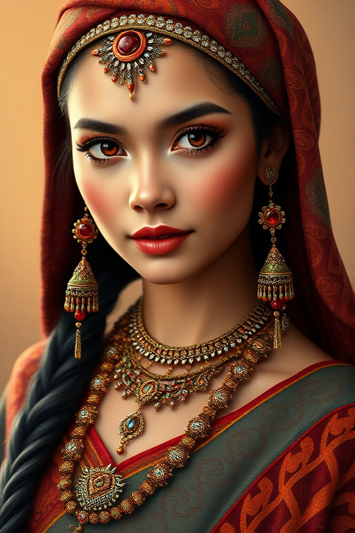 Create a portrait of a beautiful Polynesian woman with striking red eyes and a gentle expression. She is adorned in traditional attire with intricate patterns, including a richly embroidered headscarf and matching garments. Her jewelry includes a delicate headpiece, dangling earrings, and ornate bracelets, all featuring vibrant gemstones and detailed metalwork. The background is soft and warm, enhancing the rich colors of her outfit and jewelry.