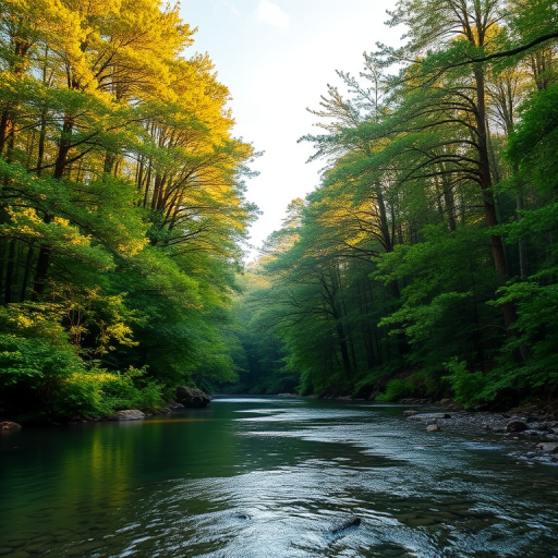 Create an image of a serene, sunlit forest scene with a clear, gently flowing river. Tall trees with lush green foliage line both sides of the river, their leaves bathed in the warm golden light of the setting or rising sun. The sunlight filters through the trees, casting soft, dappled light on the river, which flows over smooth rocks and pebbles, creating a peaceful, natural atmosphere. The sky is bright with a few scattered clouds, and the overall mood is tranquil, evoking a deep sense of connection with nature. The image captures the beauty of a calm, pristine forest landscape at either dawn or dusk.