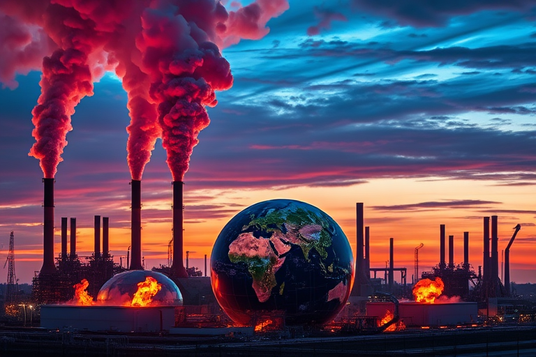 Generate a high-resolution image of an industrial landscape with smokestacks releasing colorful smoke into the sky, a large Earth in the foreground surrounded by flames and explosions, captured with a Canon EOS 5D Mark IV, 24mm lens, f/8 aperture, ISO 100, at sunset with dramatic lighting to enhance the contrast and vibrant colors.