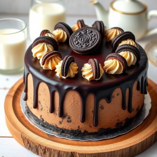 A round chocolate cake with an Oreo cookie topping and creamy swirls on the edge, drizzled with chocolate ganache, sitting on a wooden cake stand, accompanied by glasses of milk and a teapot in the background.