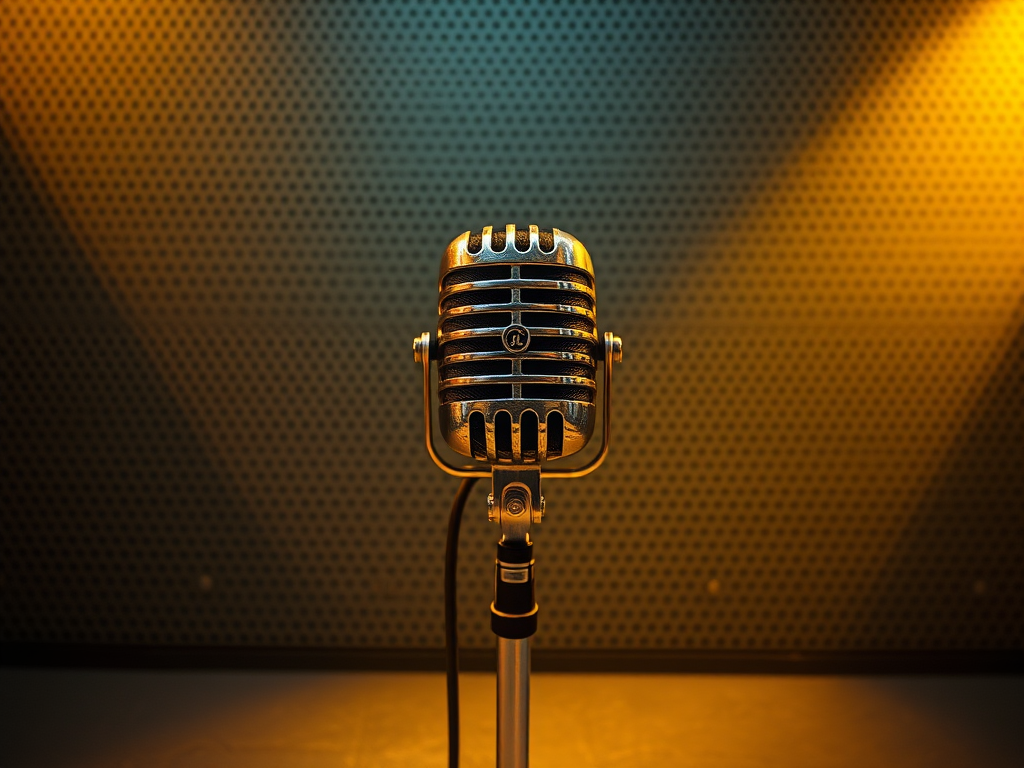 Create a high-resolution image of a vintage microphone on a stage with a perforated metal background, illuminated with soft yellow lighting, using a DSLR camera with a 50mm lens at f/2.8, ISO 100, and a 1/125s shutter speed, in a top-down perspective to emphasize the microphone.