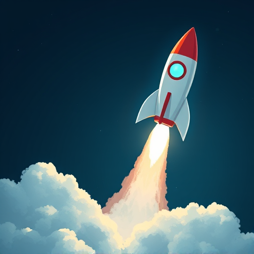 create an illustration of a rocket launching into space with a dark blue background and fluffy white clouds beneath it, using a high-resolution digital art style, captured with a wide-angle lens at f/8, ISO 100, and a 35mm digital camera for enhanced clarity and depth