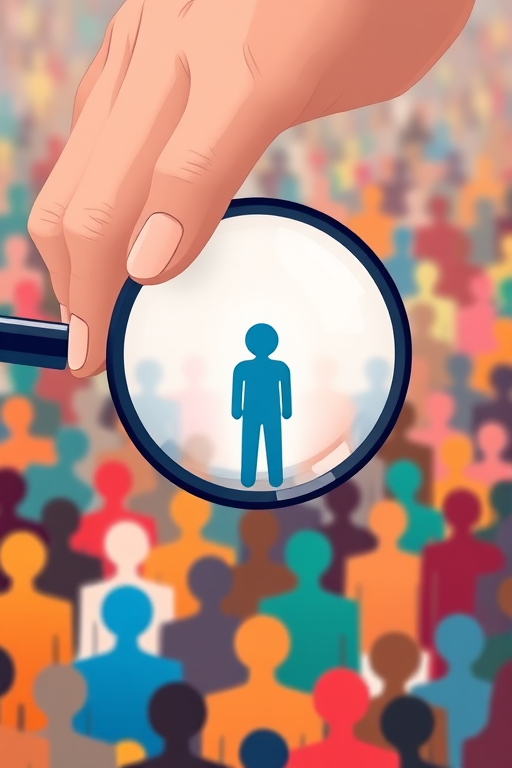 Create an illustration of a hand holding a magnifying glass over a diverse crowd of colorful, stylized human figures, focus on the blue figure in the center, with a soft gradient background, using a digital art style, high resolution, 300 DPI, with a depth of field effect to highlight the magnified area.