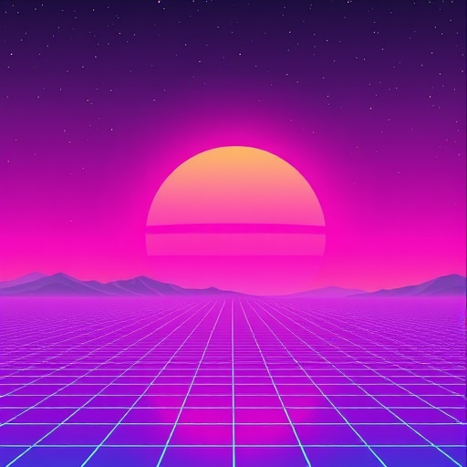 Create a vibrant retro-futuristic sunset scene with a large pinkish-yellow sun setting over a grid landscape, featuring soft purple and blue gradients in the sky, starry background, high-resolution, wide-angle lens, f/8 aperture, ISO 100, 1/60 sec exposure, digital camera style.