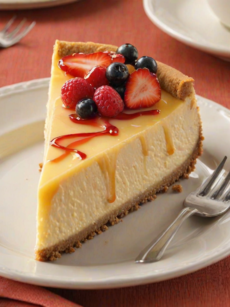 Generate an image of a delicious cheesecake with a smooth yellow topping and a graham cracker crust. The cheesecake should be adorned with white whipped cream swirls and a few pieces of fruit on top. A slice of the cheesecake should be cut out, revealing its creamy texture. The setting should be a simple plate or serving tray.