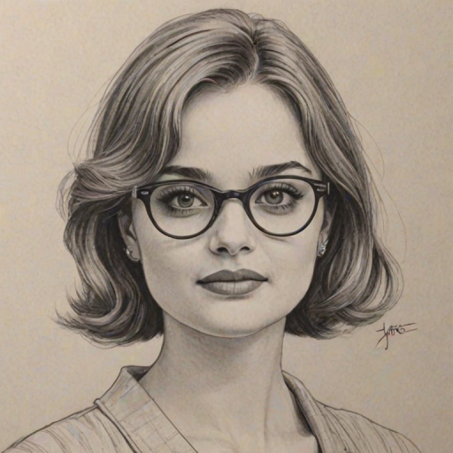Wonderful Joey King, pencil sketch, portrait of Graceful woman 1956s in glasses, hair style beatnik, outline, clear lines, fine lines, 8k