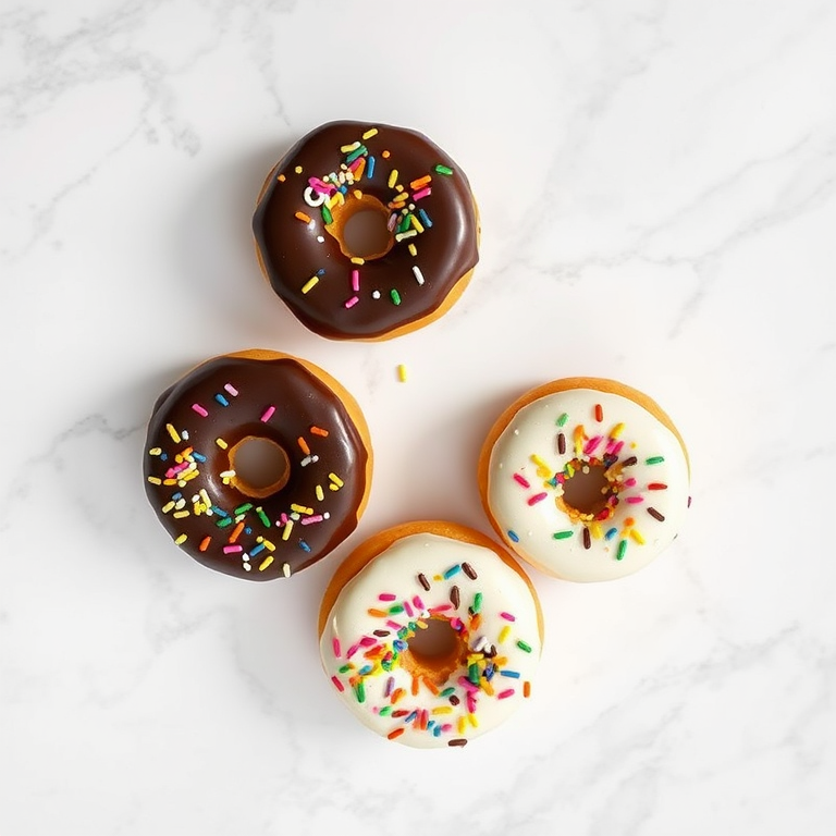 four frosted donuts with chocolate and white icing topped with colorful sprinkles on a white marble surface, shot with a Canon EOS R5, 50mm lens, f/2.8, ISO 200, natural light, overhead view
