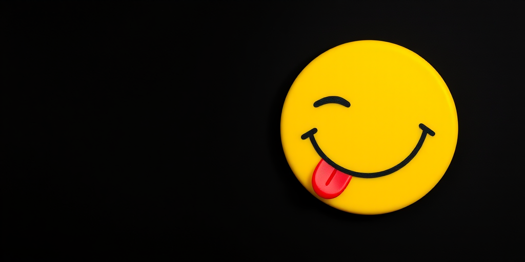 Create a simple yellow smiley face with a wink, a red tongue sticking out, placed on a black background; use a Canon EOS R5 camera, 50mm lens, f/1.8 aperture, ISO 100, shooting from eye level for enhanced clarity and vibrant colors.