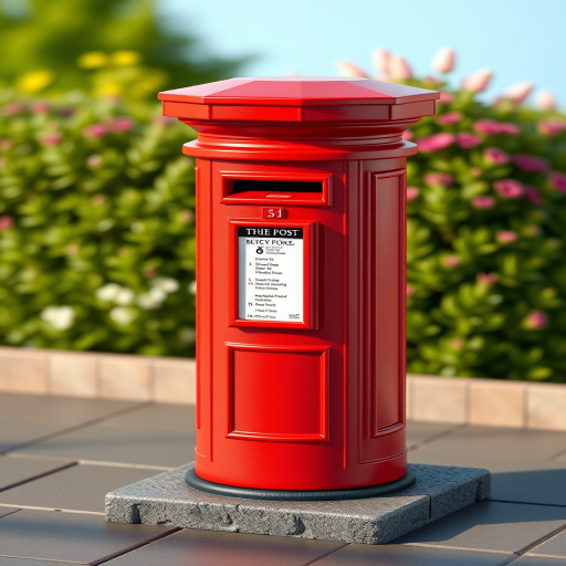 Create a high-resolution 3D rendering of a classic British red post box, capturing its vibrant color and detailed features, using a focal length of 35mm, aperture f/8, ISO 100, in an isometric view, with a digital camera in a realistic style.