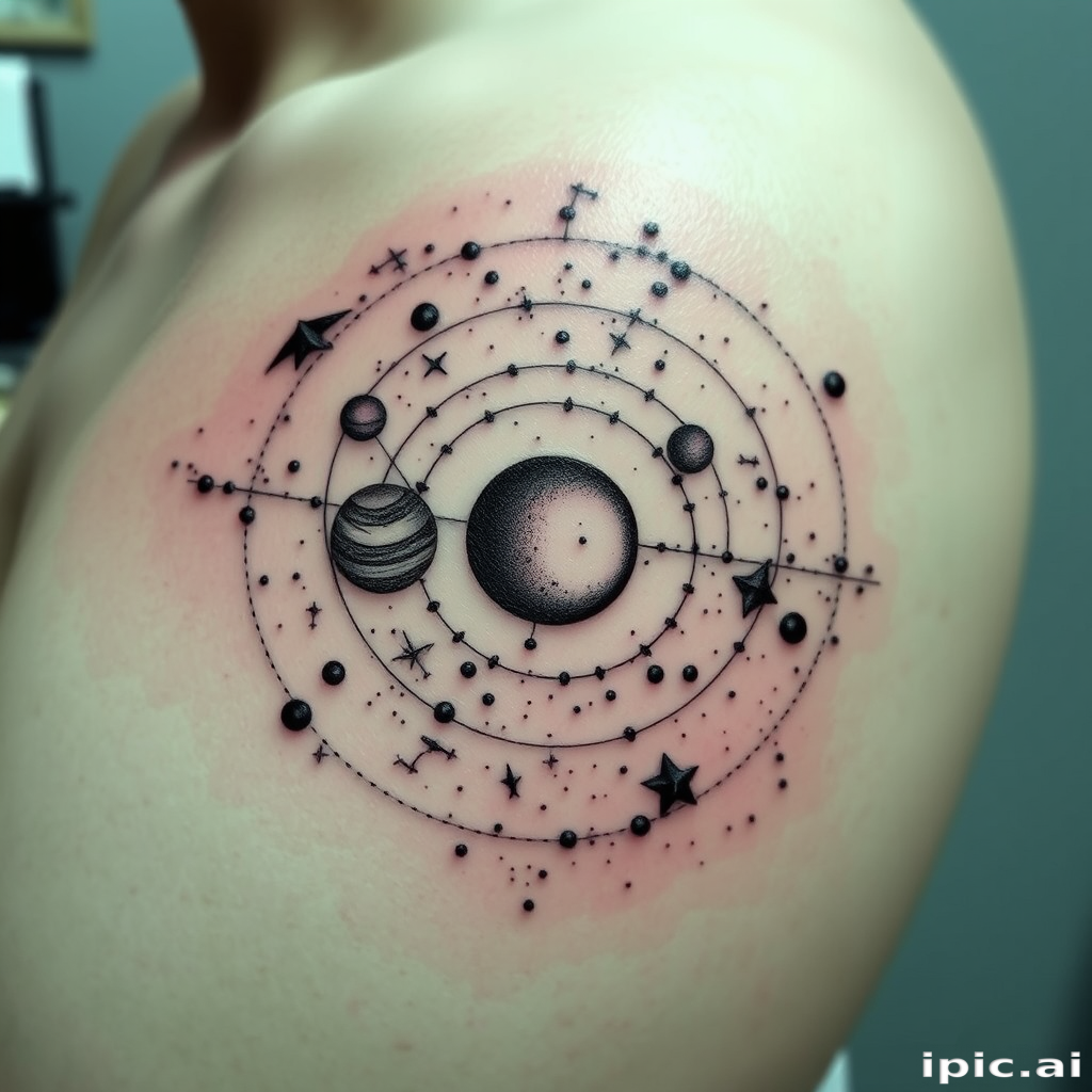 Cosmic dotwork tattoo showcasing a detailed solar system with planets and constellations, gradually fading into the skin to create the illusion of infinite space