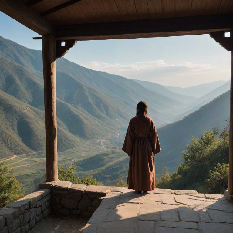 Serene hilltop monastery, a woman dressed in simple robes stands by the entrance, the sound of a distant bell ringing in the crisp mountain air as she gazes out over the valley below.