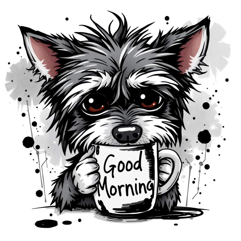 A quirky, artistic illustration of a disheveled bossie dog breed with exaggerated, large eyes and spiky fur, holding a coffee mug that reads "Good Morning". The dog has a tired but humorous expression, with ink splatters and abstract details surrounding it, giving a whimsical feel to the image. The color palette is mostly monochrome with hints of black in the eyes and steam rising from the mug, enhancing the overall sleepy vibe