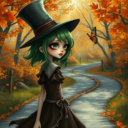 digital art fantasy depicting a strange girl with green hair, long eyelashes, red lipstick and a tall hat walking along a winding road on an autumn afternoon, an Butterfly smiles as she passes