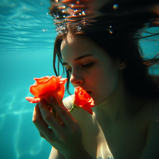 A woman underwater, gazing at a rose Her face is reflected in the water's surface The scene is illuminated by sunlight filtering through the water The atmosphere is serene and contemplative