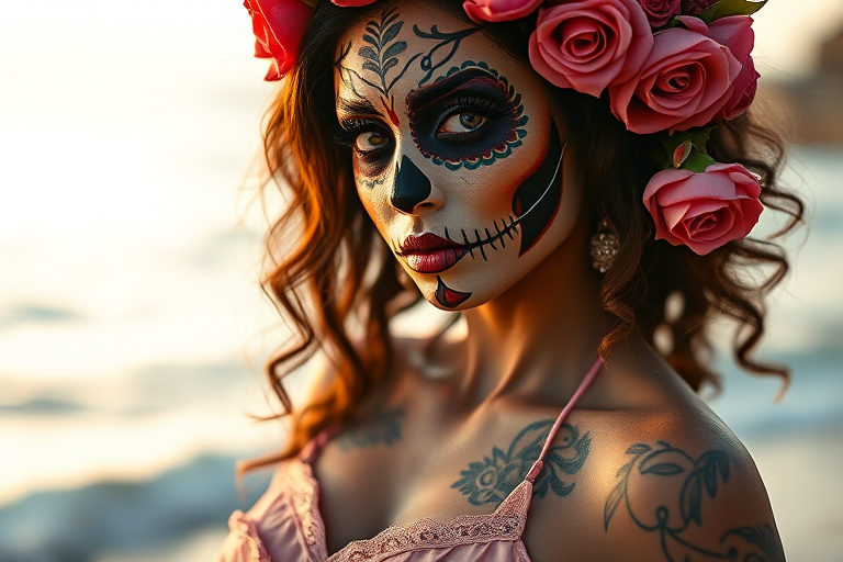portrait of a woman with elaborate sugar skull makeup, wearing a corseted dress with roses in her hair, tattoos visible, soft ocean background, golden hour lighting, aperture f/2.8, shutter speed 1/200s, ISO 100, 85mm lens, shallow depth of field, high-resolution detail
