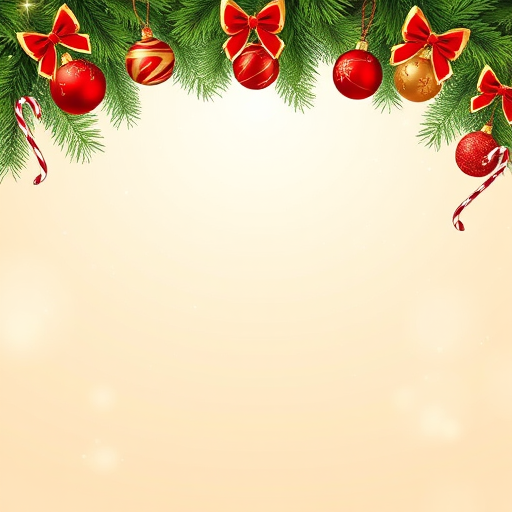 Create an image of a festive holiday background with a lush green pine border adorned with red and gold ornaments candy canes and ribbons at the top while the center features a soft glowing light effect with sparkling stars and a light beige backdrop for a warm and cheerful atmosphere.