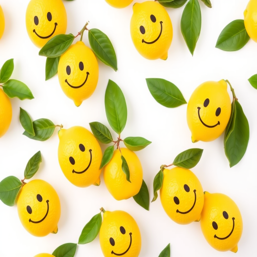 create a seamless pattern of smiling lemons with green leaves on a white background, high resolution, depth of field, f/8 aperture, 50mm lens, shot with a DSLR camera, vibrant colors, balanced composition