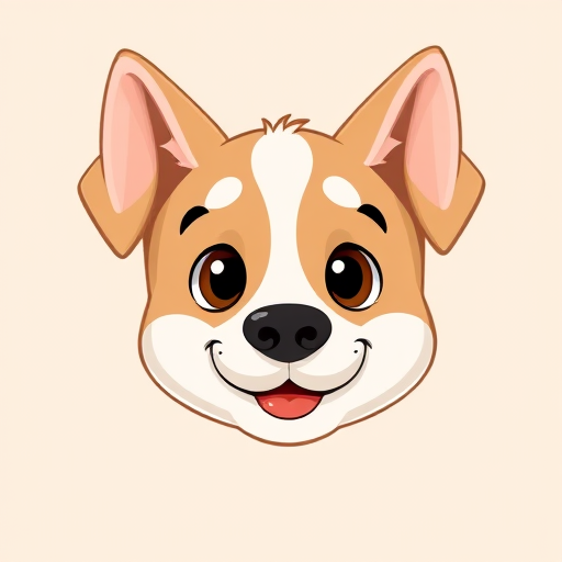 Create a high-resolution digital illustration of a cute cartoon dog face with a smooth background, using a soft color palette, shot with a DSLR camera at a portrait setting, f/2.8 aperture, ISO 100, and 50mm lens.