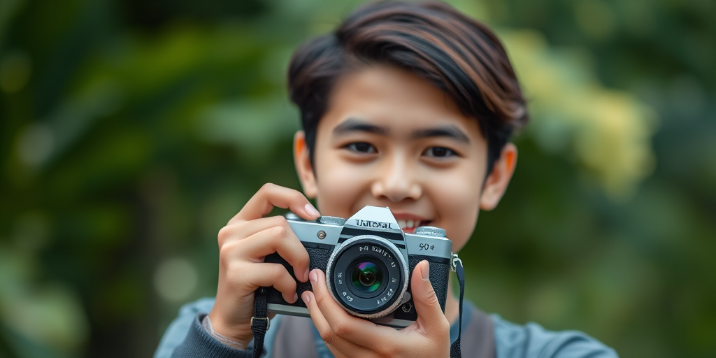 Portrait of a young person holding a vintage camera with a blurred green nature background, shallow depth of field, ISO 200, f/2.8, 1/200s, 50mm lens, natural lighting, using a DSLR camera.