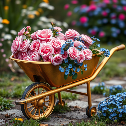 Create a vintage illustration of a golden wheelbarrow filled with lush pink roses and vibrant blue forget-me-nots, captured with a Canon EOS R5 at f/2.8, ISO 100, using macro photography to enhance detail and clarity.