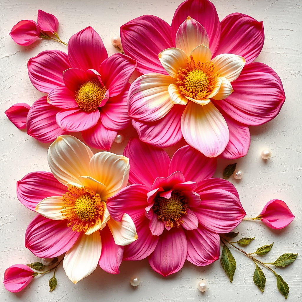 Create an image of a textured floral design featuring large pink and white flowers with yellow centers. The background should be a soft, light color with subtle texture. Include a few flower petals scattered around and small decorative pearls integrated into the composition. The overall feel should be vibrant and artistic, resembling a painting with thick brush strokes.