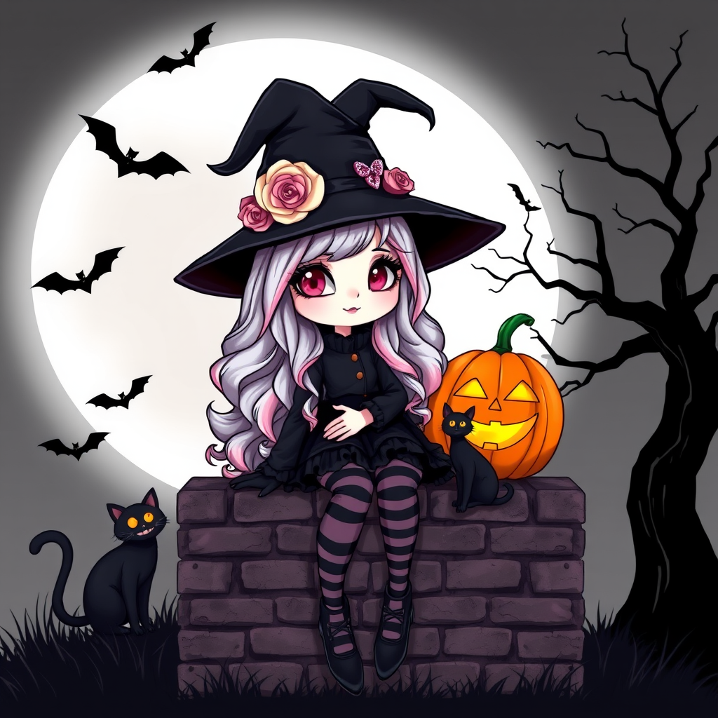 A cute, gothic-style cartoon of a young witch resembling Wednesday Addams sitting on a brick wall under a full moon. She has long wavy hair with silver, pink, and purple ombre highlights, and wears a classic black witch hat decorated with a pumpkin and roses. She is dressed in a black frilly dress with striped stockings and black shoes. A glowing Jack-o'-lantern sits beside her, and a black cat with glowing orange eyes is next to her. The background features a large moon, silhouetted bats, and a spooky tree, with a soft monochrome and slightly glowing effect, creating a magical Halloween atmosphere.