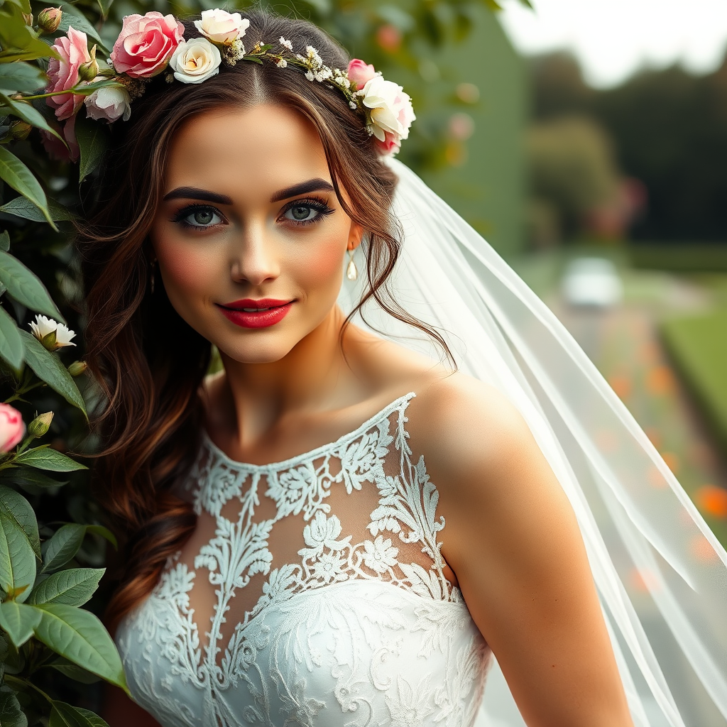 Garden scene, bridal model, delicate lace gown, floral headpiece, soft romantic focus, high-key lighting and an 85mm lens for soft, even tones that highlight the model’s face and bright outfit against a white or light background