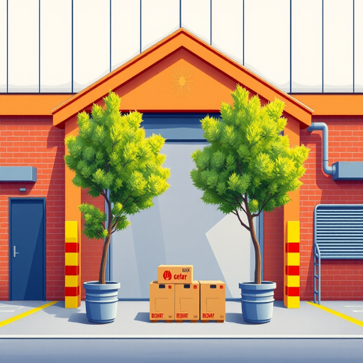 Create a vibrant illustration of a modern warehouse with two potted trees in front and three cardboard boxes at the entrance, using a 50mm lens, aperture f/2.8, ISO 100, with a slight tilt-shift effect to enhance depth and clarity.