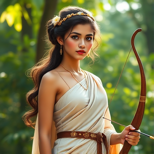 Create a portrait of a goddess-like Nepali girl figure in a tranquil, forested environment. She has an elegant appearance with long, wavy hair styled in an updo and adorned with a delicate, floral headband. She wears a flowing, ancient Greek-inspired gown in a soft, pale color, featuring a one-shoulder design and draped fabric that accentuates her graceful form. The outfit includes a decorative belt with ornate gold detailing, and she holds a bow in her hand, with a quiver of arrows slung over her shoulder. The background depicts lush greenery, with sunlight filtering through the trees, casting a gentle, ethereal light on the scene. Her expression is calm and contemplative, embodying a sense of wisdom and serenity.