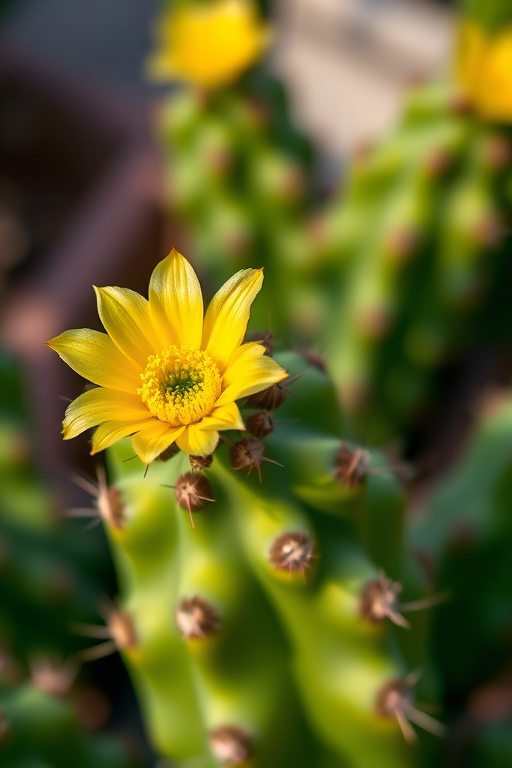 create an image of a vibrant green cactus with a yellow flower blooming on top, shot with a macro lens at f/2.8, 1/200 sec, ISO 100, natural lighting, taken from a low angle to emphasize the flower and texture of the cactus.