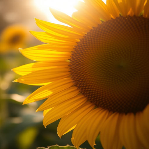 sunflower close-up in soft golden light, macro lens, f/2.8 aperture, 100mm focal length, ISO 100, shallow depth of field, natural lighting, DSLR camera
